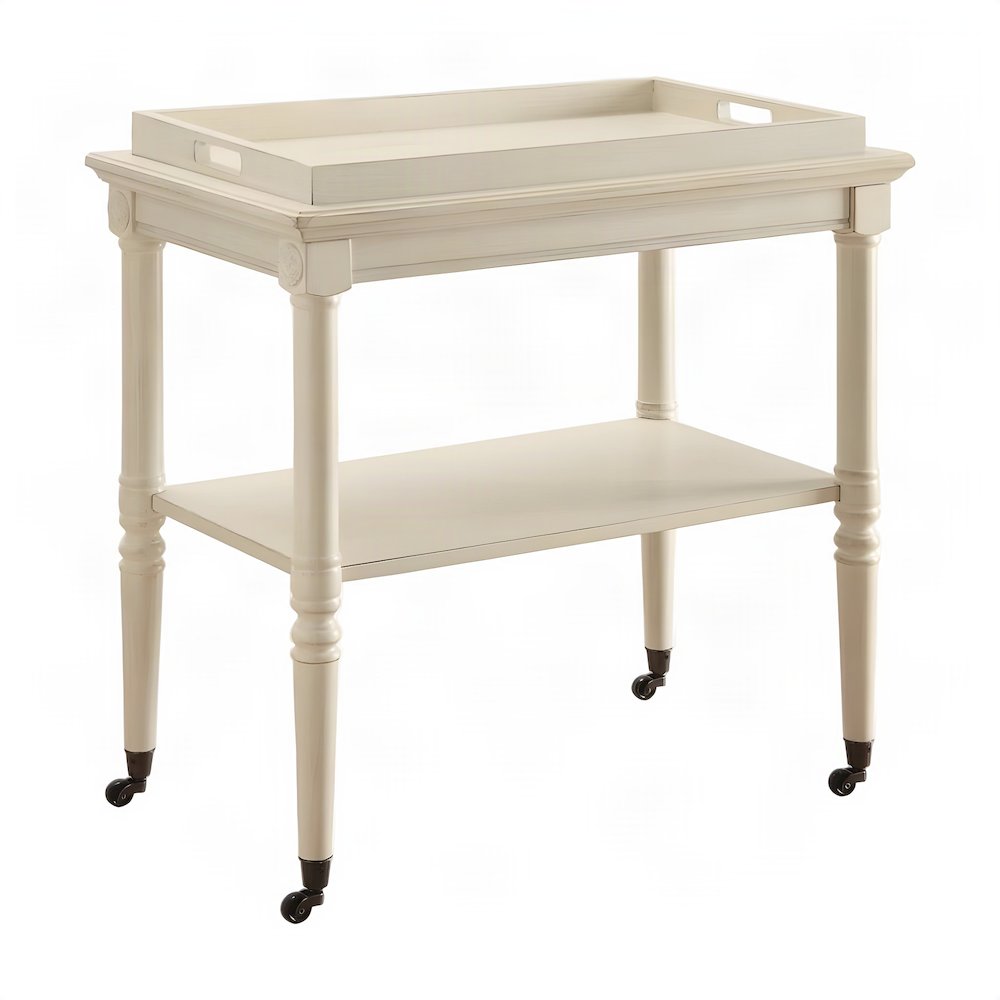 Wood Rolling Bar Cart with Metal Casters, Wheeled Storage Trolley, Antique White