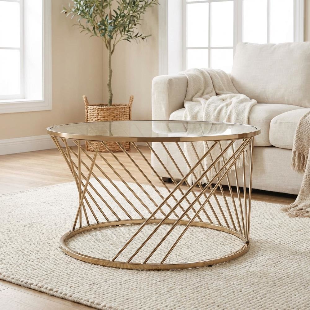 Coffee Table Champagne Metal Frame Glass Top with Sturdy Design