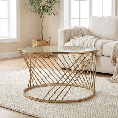 Coffee Table Champagne Metal Frame Glass Top with Sturdy Design