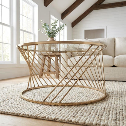 Coffee Table Champagne Metal Frame Glass Top with Sturdy Design
