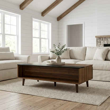 Coffee Table Walnut and Black Lift-Top with Solid Wood, Veneer Storage Surface