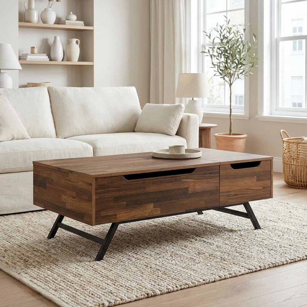 Coffee Table Walnut Lift Top with Storage Drawer and Metal Frame