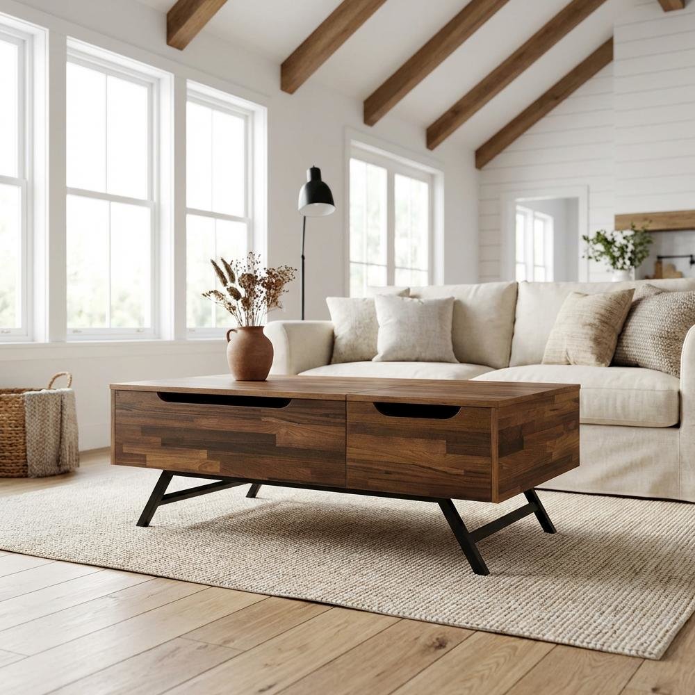 Coffee Table Walnut Lift Top with Storage Drawer and Metal Frame