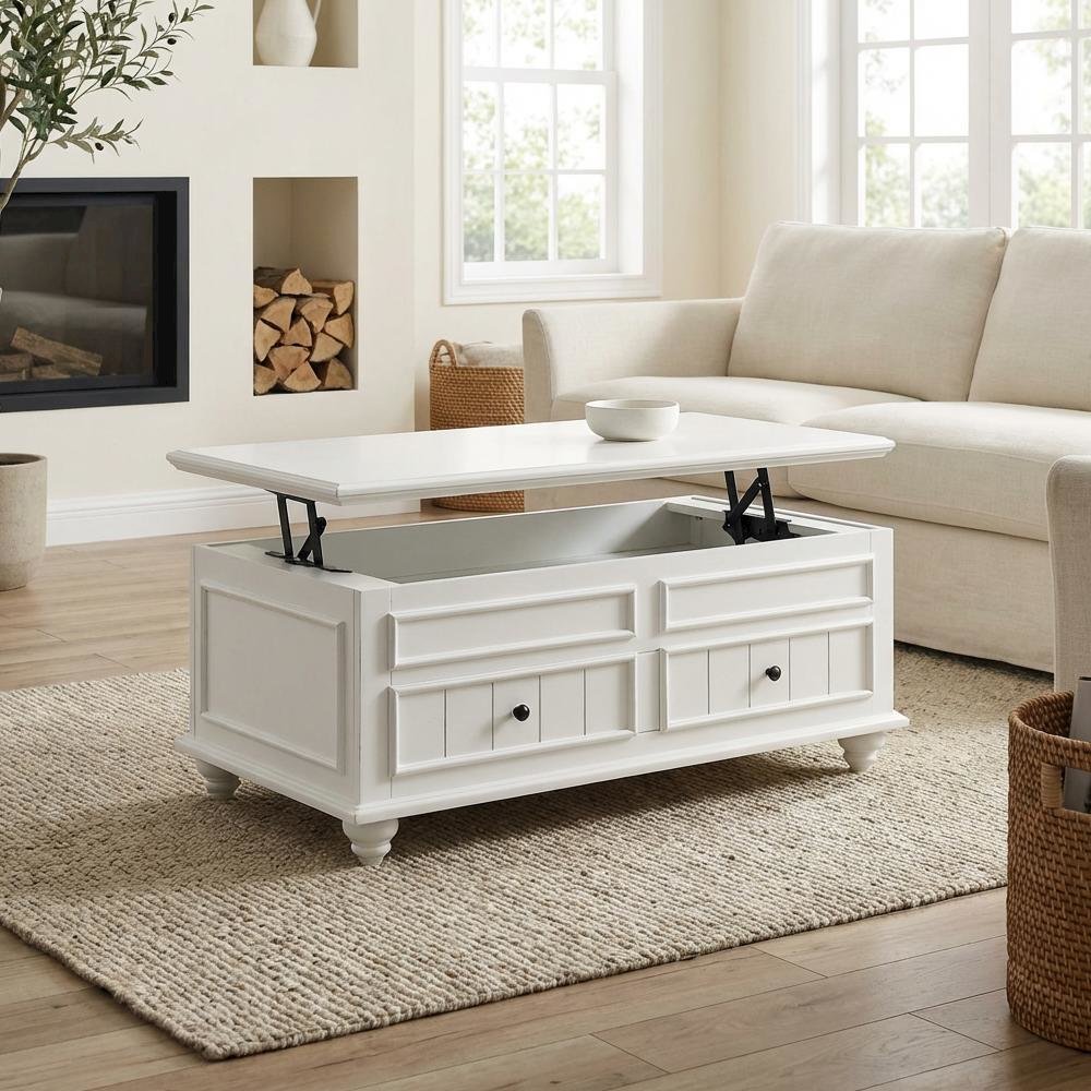 White Washed Coffee Table with Lift Top Wood Veneer Melamine Surface 48-Inch