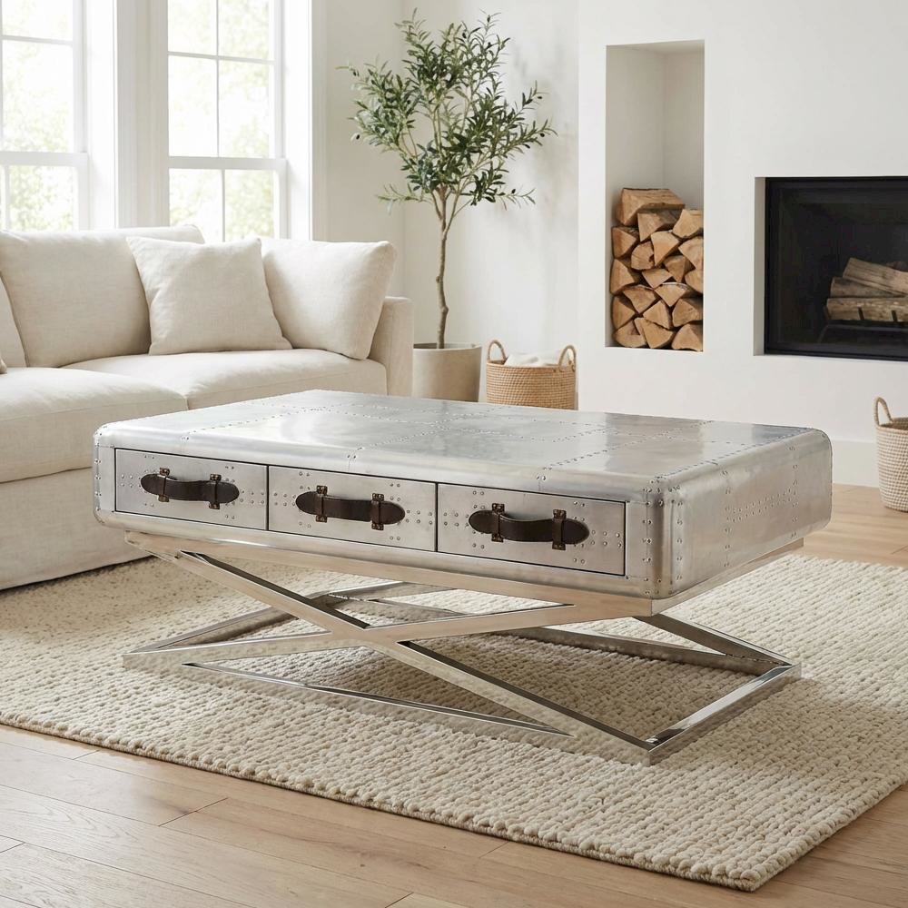 Aluminum Coffee Table with Top Grain Leather Surface and Durable Frame