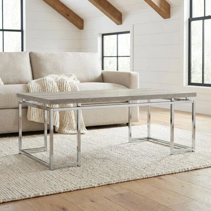 Oak Finish and Chrome Coffee Table with Metal Frame and Veneer Surface