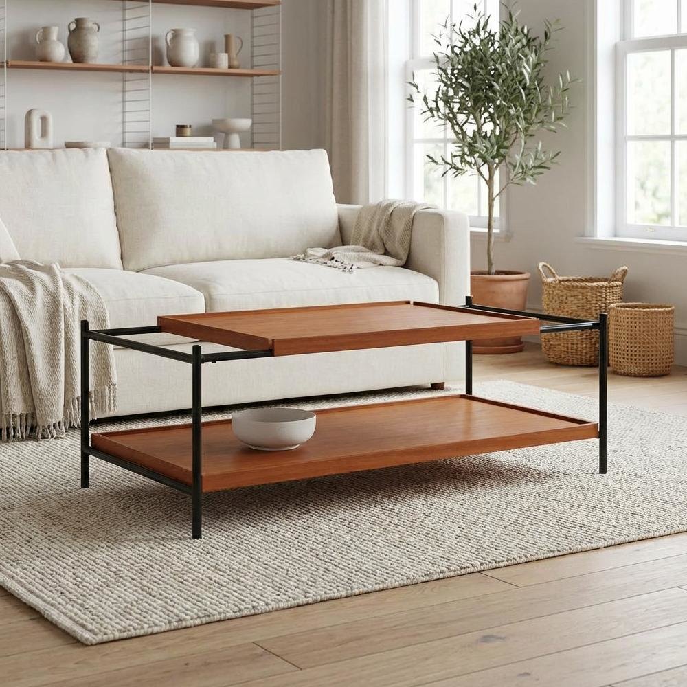 Coffee Table Honey Oak & Black Metal Frame MDF Top with Storage Shelf