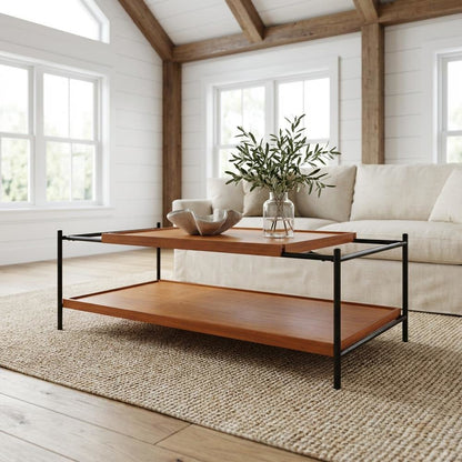 Coffee Table Honey Oak & Black Metal Frame MDF Top with Storage Shelf