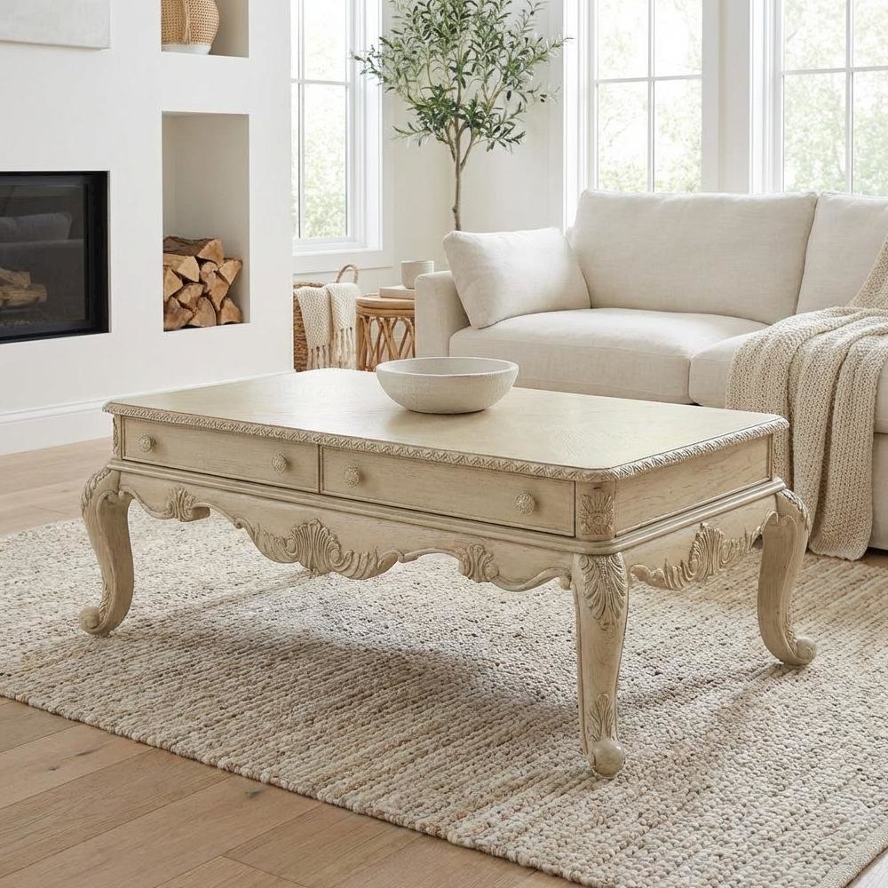 Coffee Table Antique White Wood Veneer Surface with Durable MDF and Poly-Resin