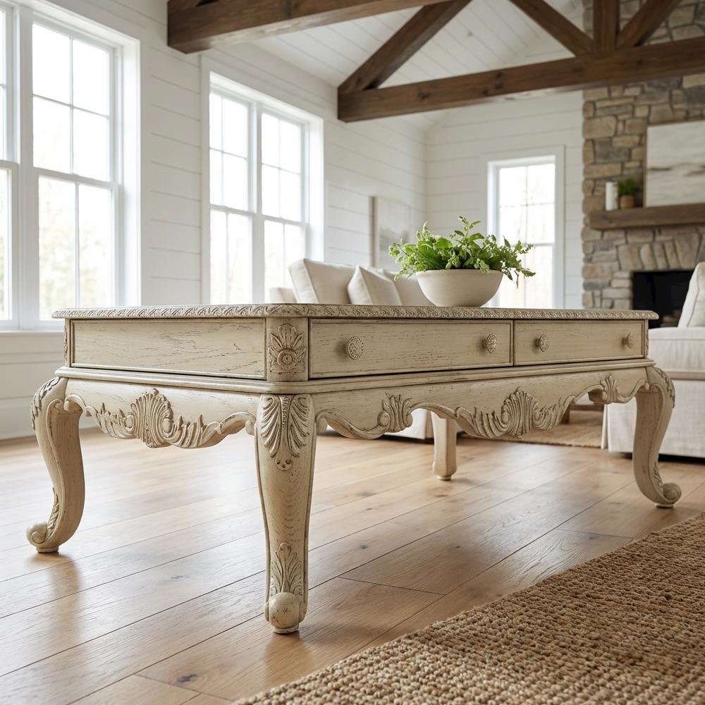 Coffee Table Antique White Wood Veneer Surface with Durable MDF and Poly-Resin