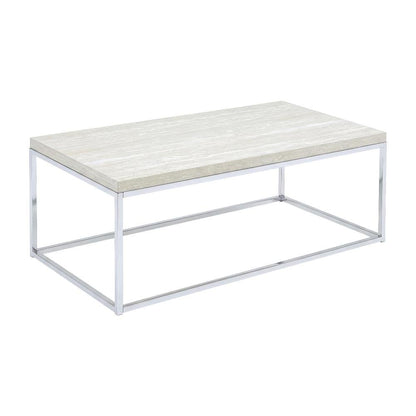 Chrome Coffee Table with Industrial Metal Frame and Wood Top, Rectangular Design