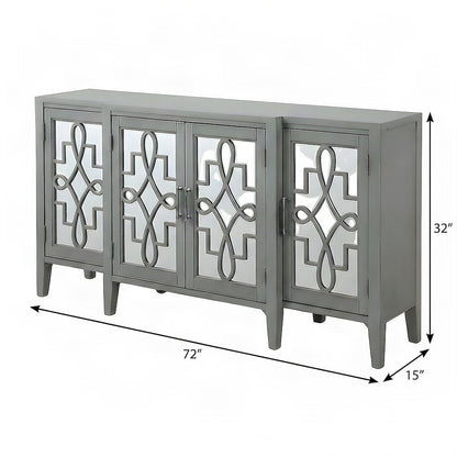 Mirrored Wood Console Table with 4-Door Storage for Entryway, Antique Gray