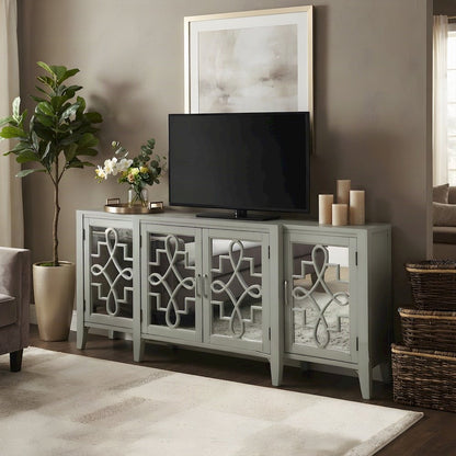 Mirrored Wood Console Table with 4-Door Storage for Entryway, Antique Gray