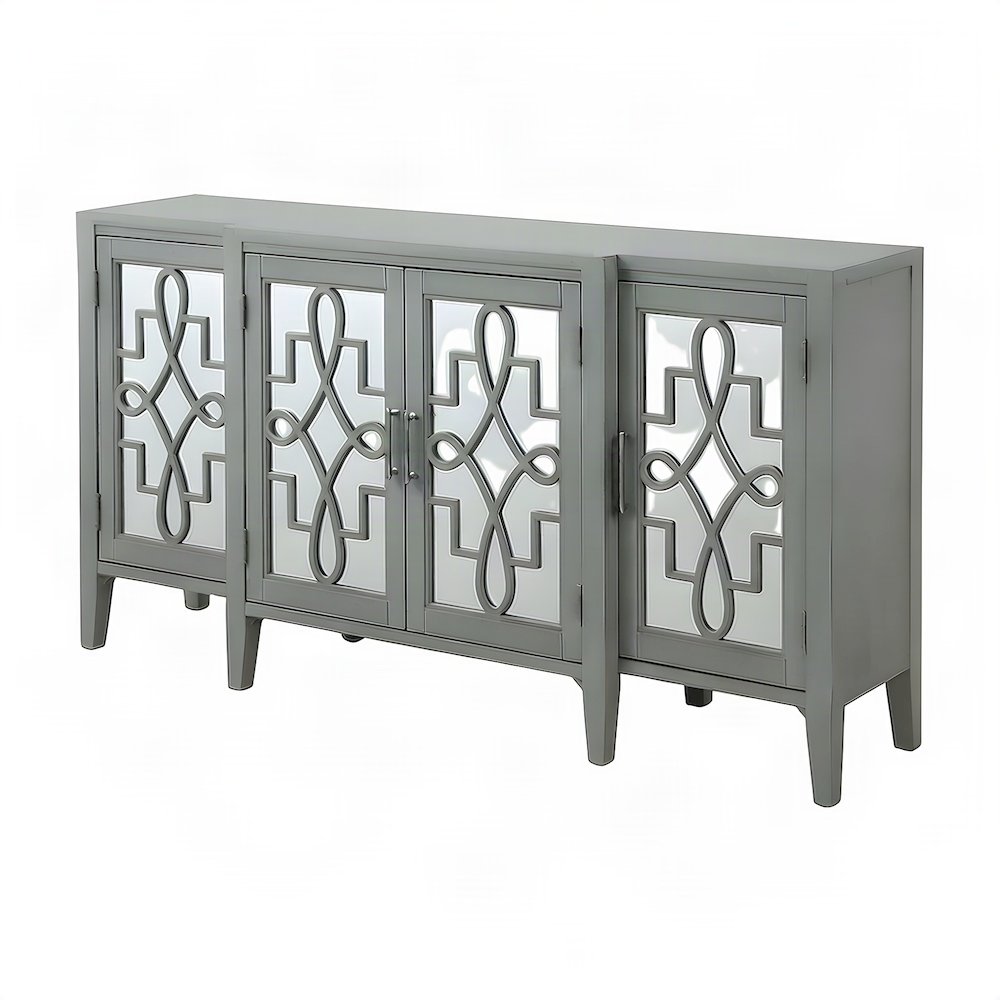 Mirrored Wood Console Table with 4-Door Storage for Entryway, Antique Gray