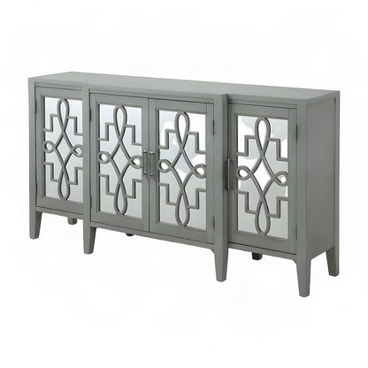 Mirrored Wood Console Table with 4-Door Storage for Entryway, Antique Gray