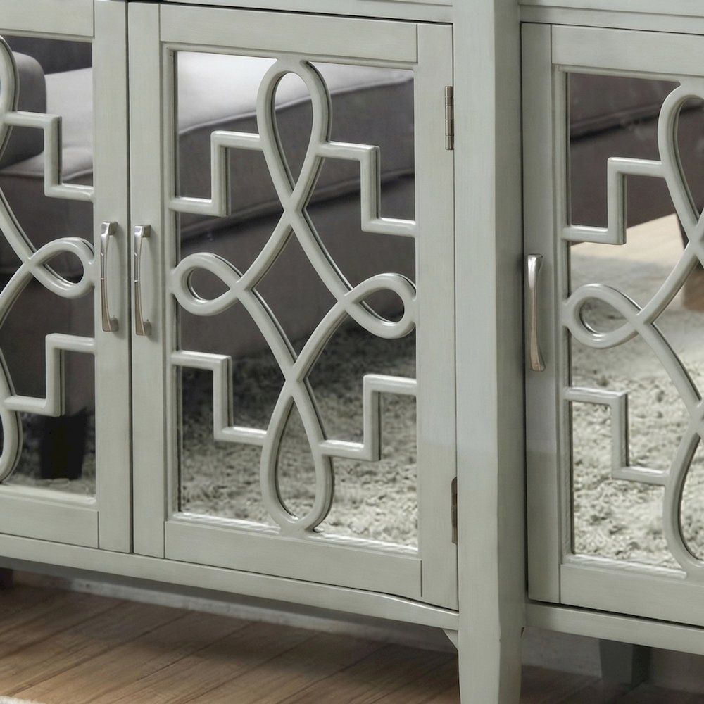 Mirrored Wood Console Table with 4-Door Storage for Entryway, Antique Gray