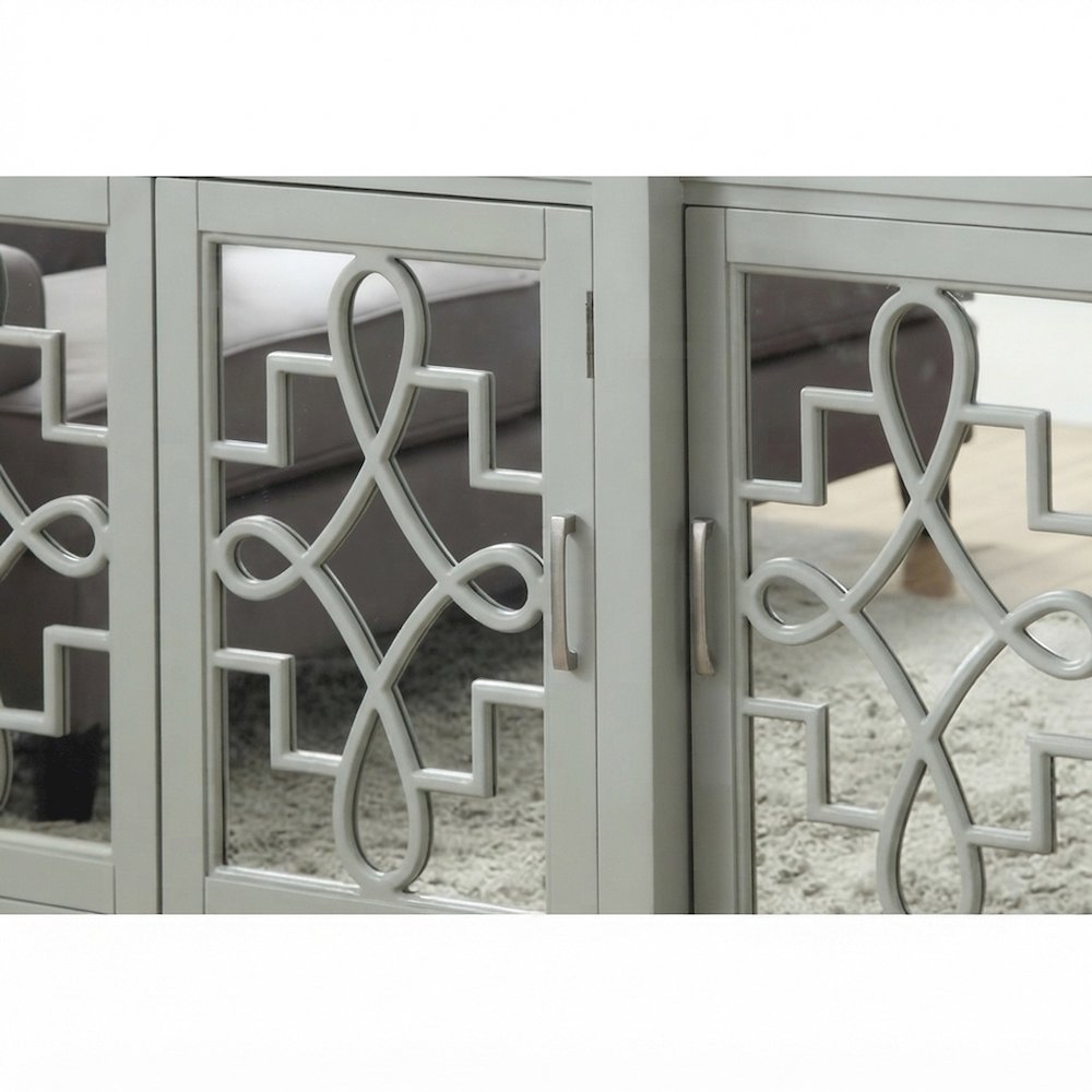 Mirrored Wood Console Table with 4-Door Storage for Entryway, Antique Gray