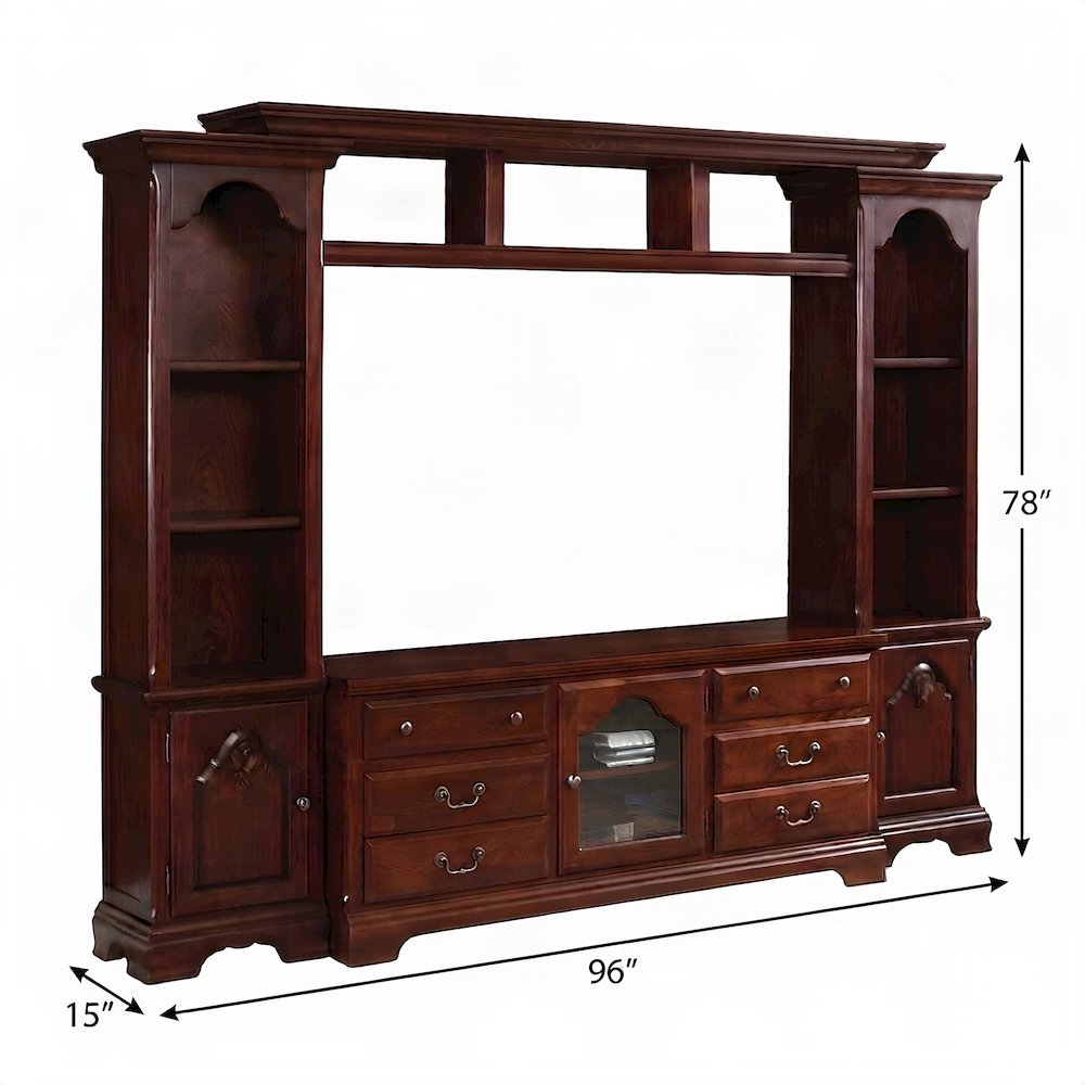 Wood Veneer Entertainment Center with Glass TV Stand, Storage, Cherry