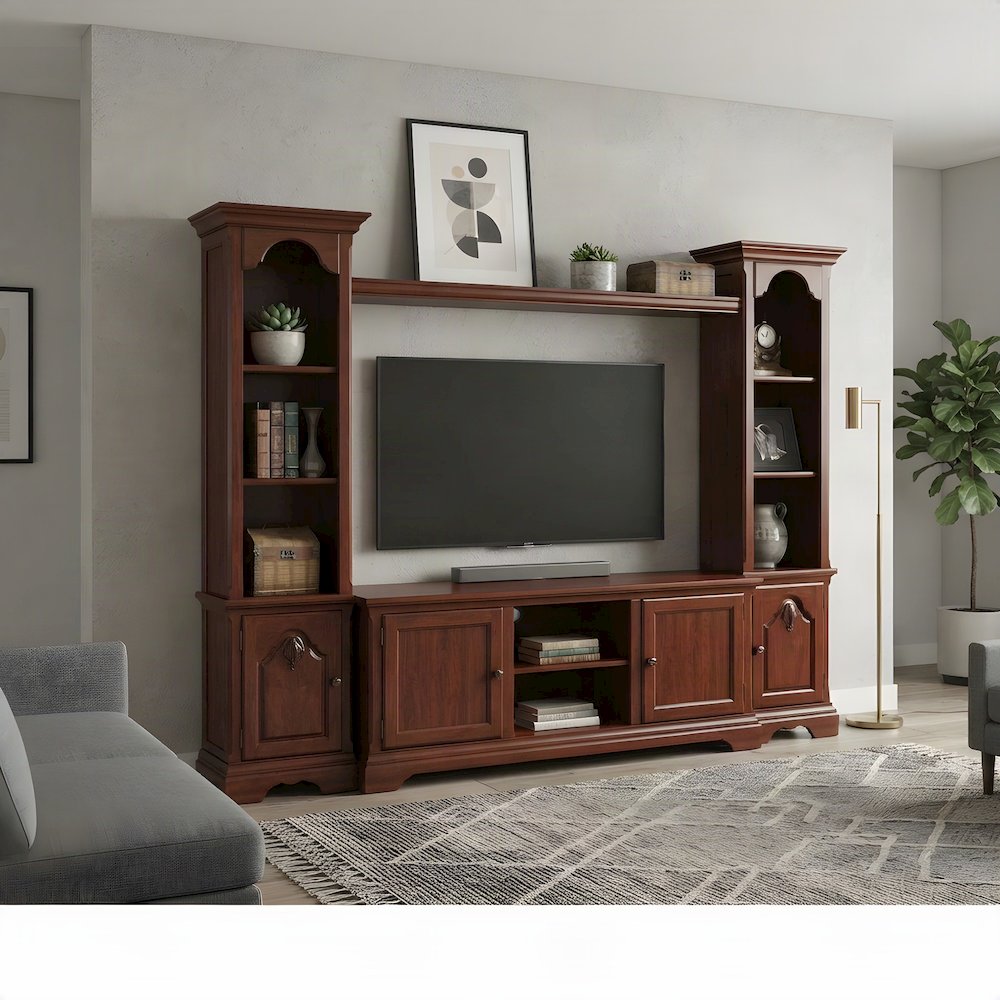 Wood Veneer Entertainment Center with Glass TV Stand, Storage, Cherry