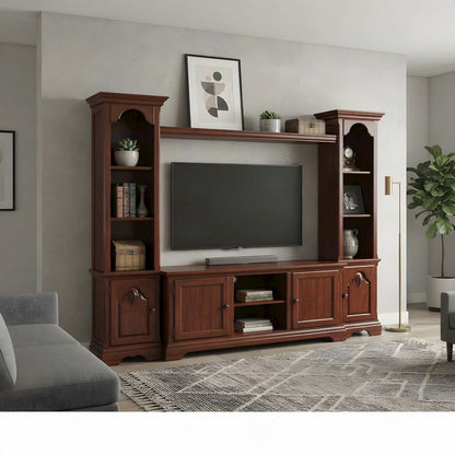 Wood Veneer Entertainment Center with Glass TV Stand, Storage, Cherry