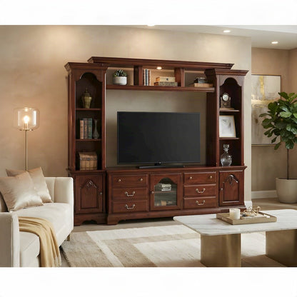 Wood Veneer Entertainment Center with Glass TV Stand, Storage, Cherry