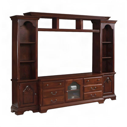 Wood Veneer Entertainment Center with Glass TV Stand, Storage, Cherry