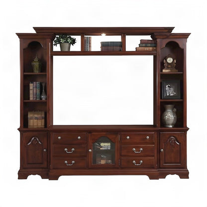 Wood Veneer Entertainment Center with Glass TV Stand, Storage, Cherry