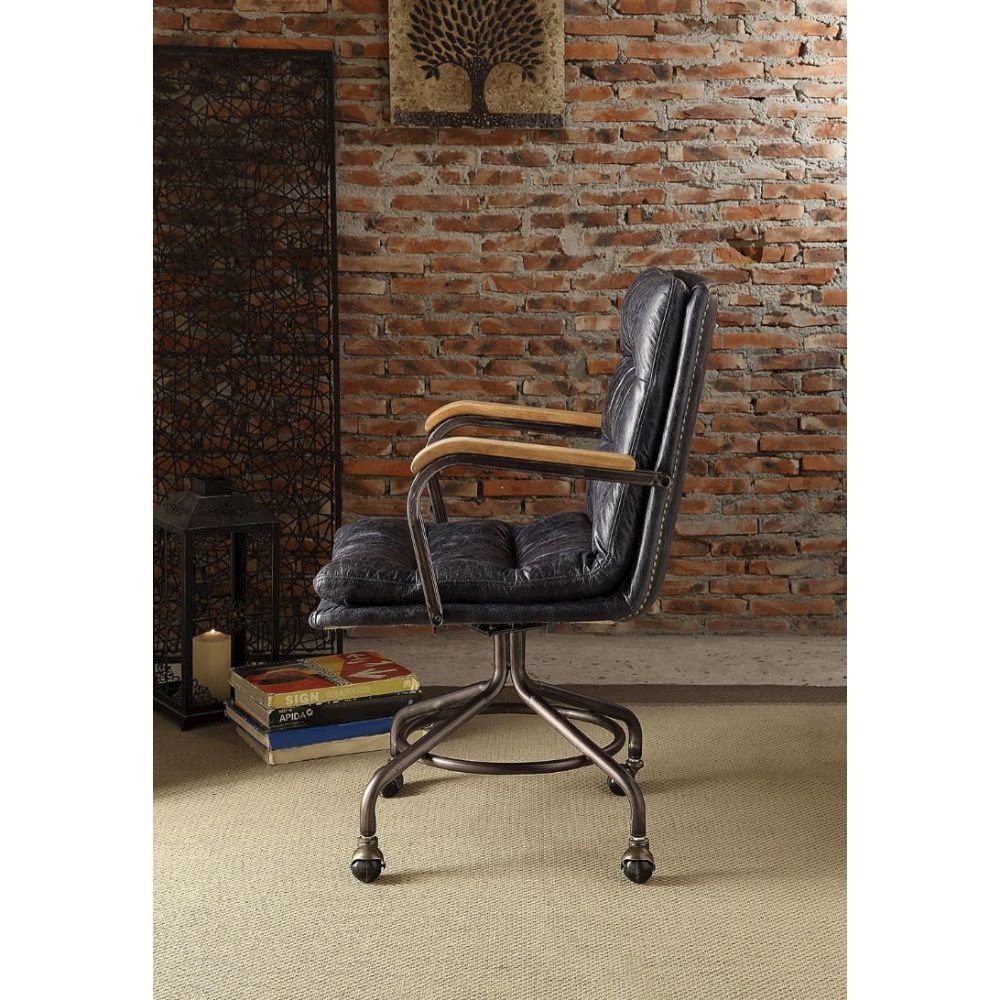 Harith Swivel Office Chair Vintage Blue Top Grain Leather