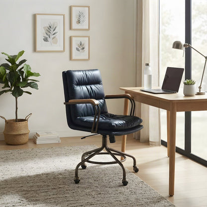 Top Grain Leather Swivel Mid-Back Office Chair, Vintage Blue Top Grain Leather