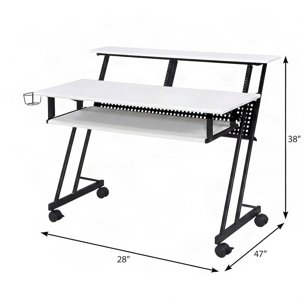 Industrial Metal and MDF Music Recording Studio Desk with Shelf, White & Black
