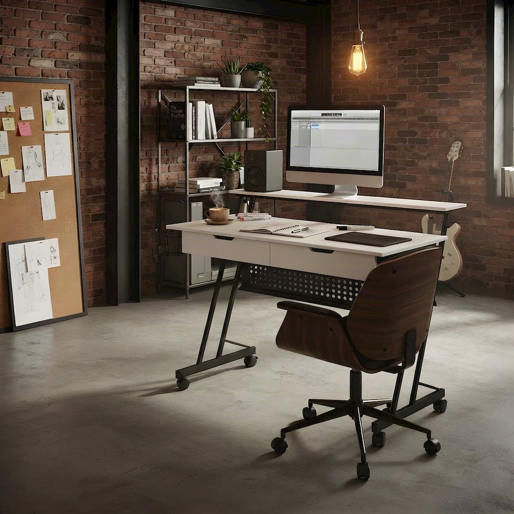 Industrial Metal and MDF Music Recording Studio Desk with Shelf, White & Black