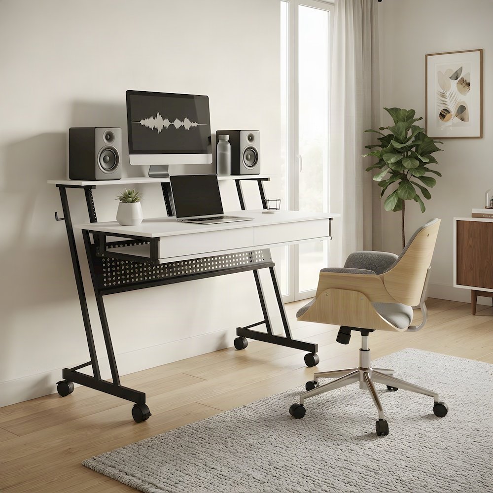 Industrial Metal and MDF Music Recording Studio Desk with Shelf, White & Black