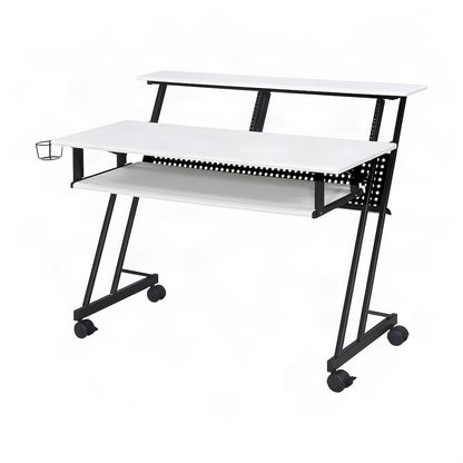 Industrial Metal and MDF Music Recording Studio Desk with Shelf, White & Black