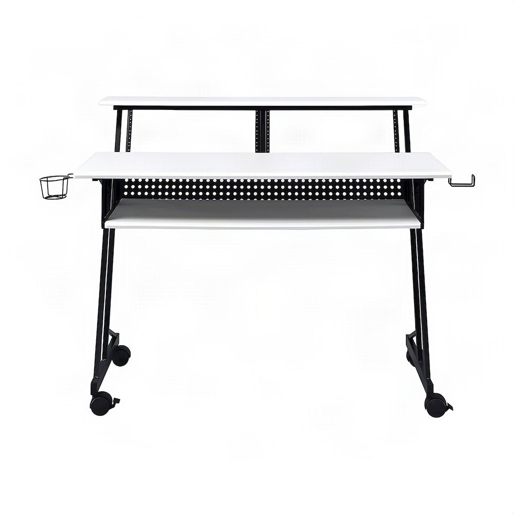 Industrial Metal and MDF Music Recording Studio Desk with Shelf, White & Black