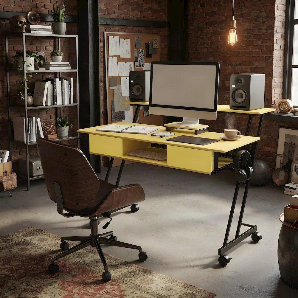 Industrial Metal and MDF Music Recording Studio Desk with Shelf, Yellow & Black