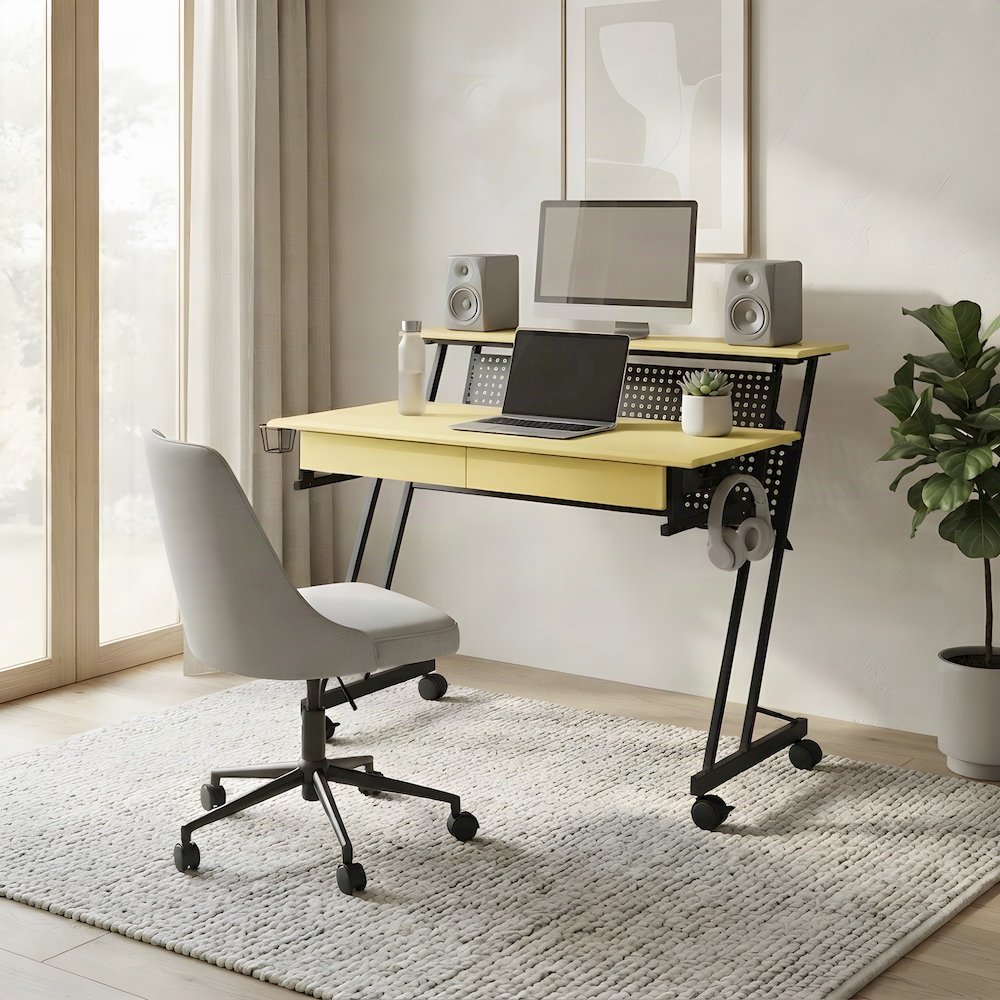 Industrial Metal and MDF Music Recording Studio Desk with Shelf, Yellow & Black