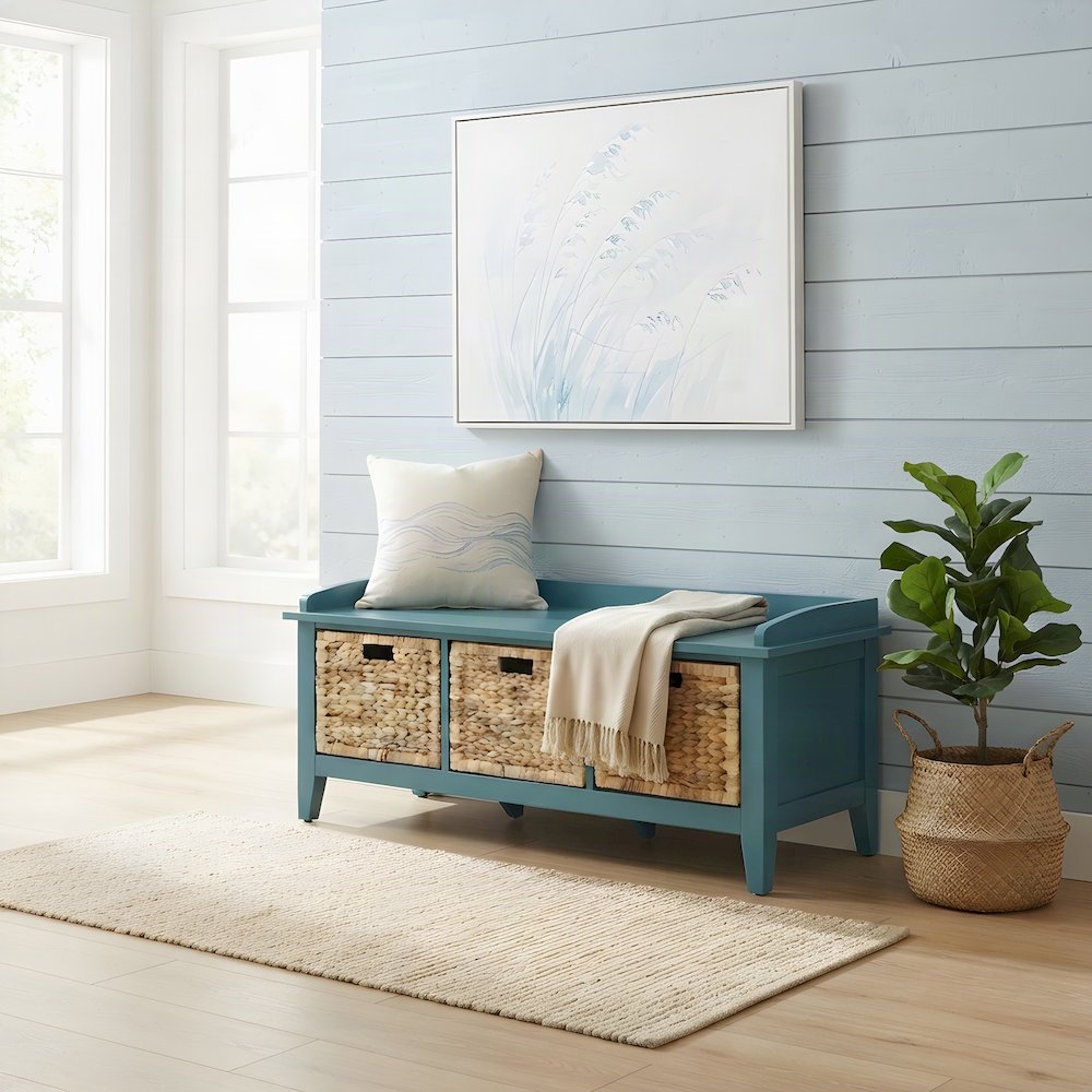 Wood Veneer Storage Bench with 3-Drawer Cabinet for Entryway, Teal