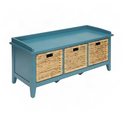 Wood Veneer Storage Bench with 3-Drawer Cabinet for Entryway, Teal