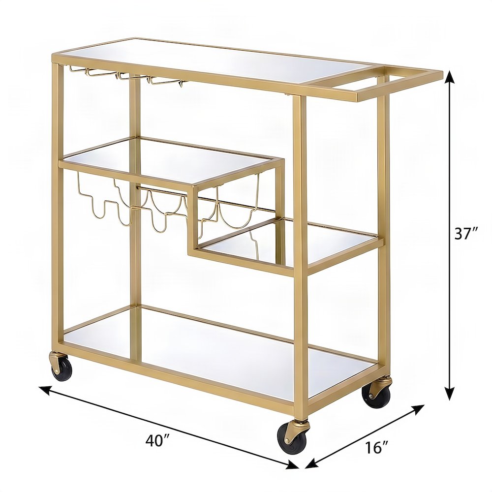 Metal and Mirror Bar Cart with Rolling Casters and Storage, Champagne & Mirror