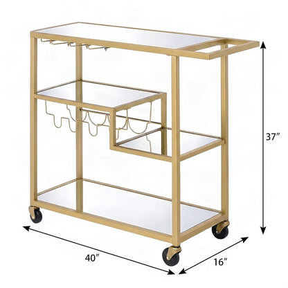 Metal and Mirror Bar Cart with Rolling Casters and Storage, Champagne & Mirror