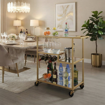 Metal and Mirror Bar Cart with Rolling Casters and Storage, Champagne & Mirror
