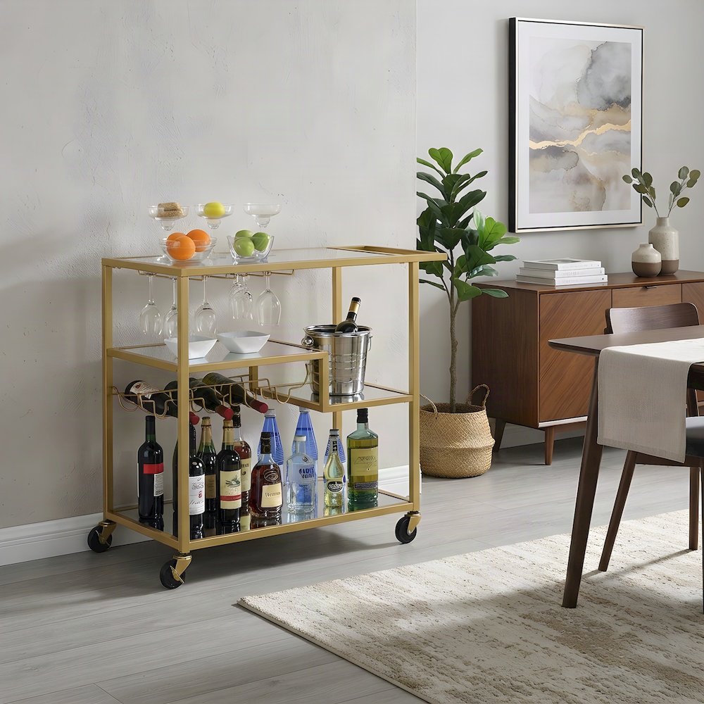 Metal and Mirror Bar Cart with Rolling Casters and Storage, Champagne & Mirror
