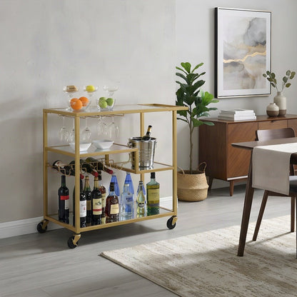 Metal and Mirror Bar Cart with Rolling Casters and Storage, Champagne & Mirror