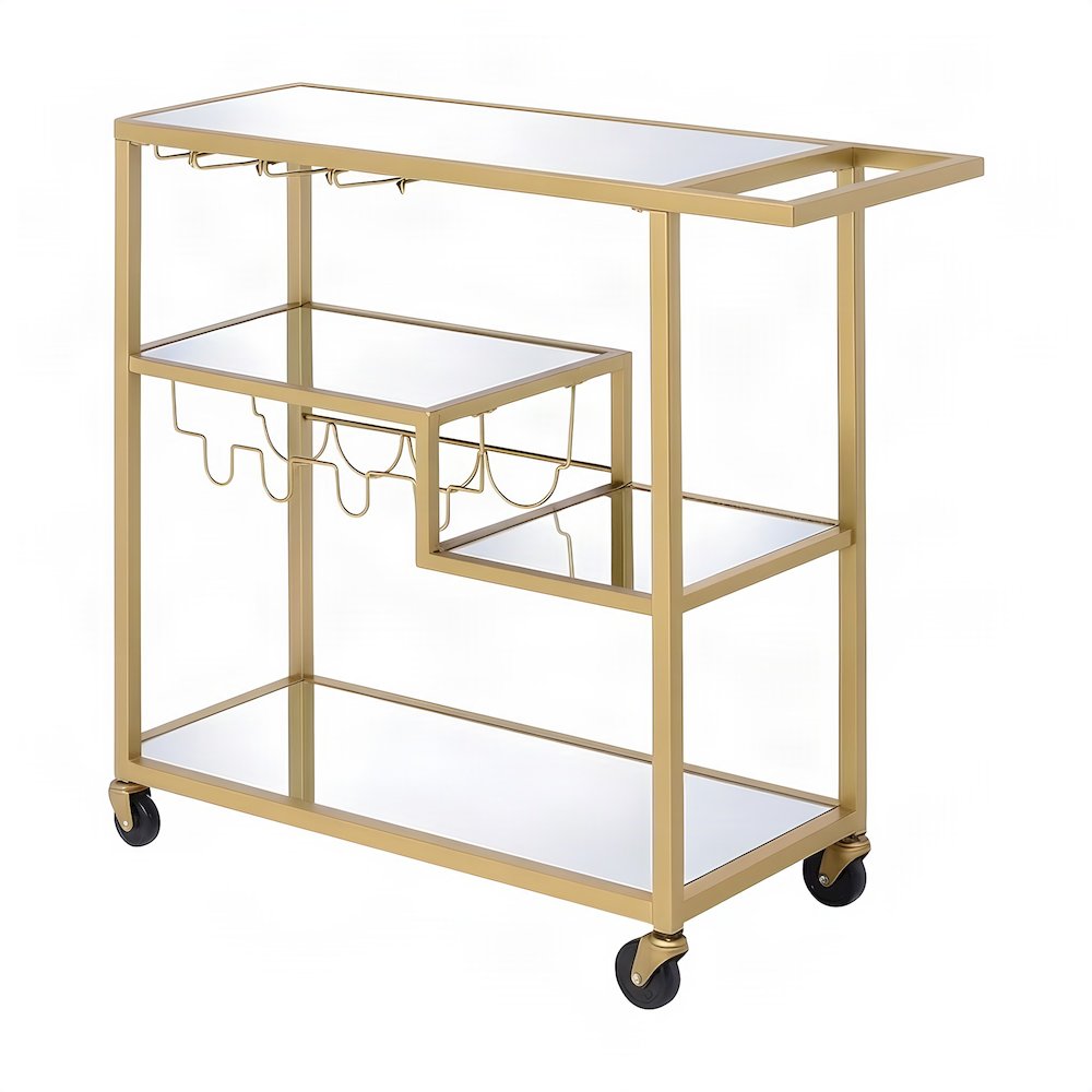 Metal and Mirror Bar Cart with Rolling Casters and Storage, Champagne & Mirror