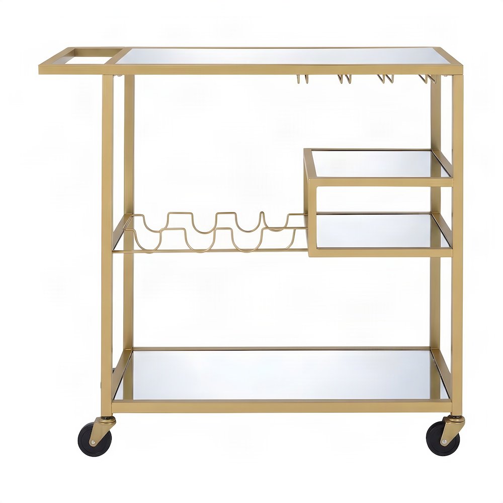 Metal and Mirror Bar Cart with Rolling Casters and Storage, Champagne & Mirror