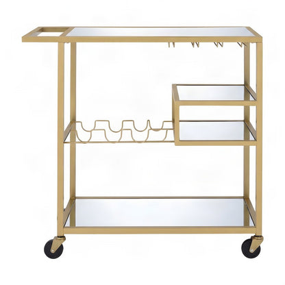 Metal and Mirror Bar Cart with Rolling Casters and Storage, Champagne & Mirror
