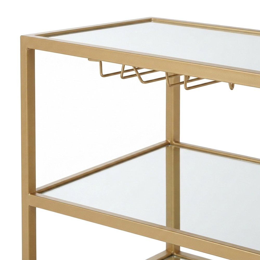Metal and Mirror Bar Cart with Rolling Casters and Storage, Champagne & Mirror