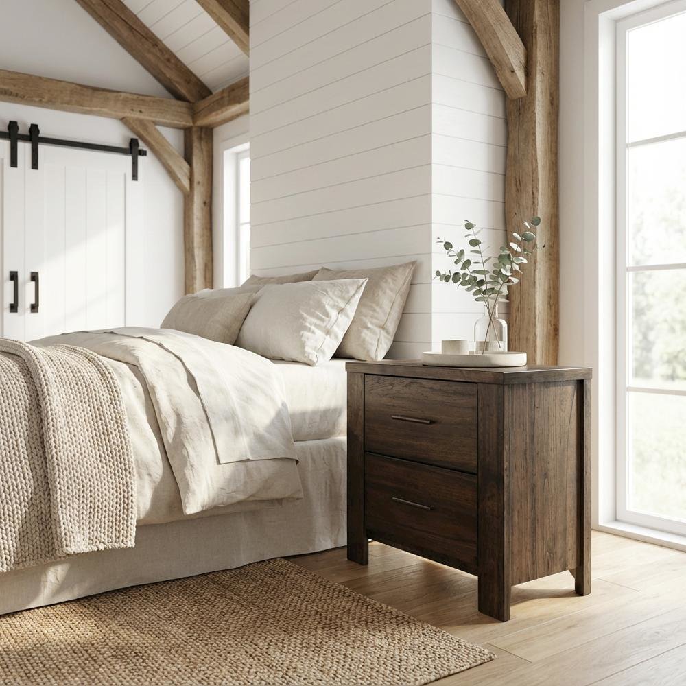 Oak Bedroom Nightstand with Country-Cottage Design and Storage Space