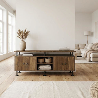 Rustic Oak, Black Finish TV Stand, Industrial Style, Multi-Color Design