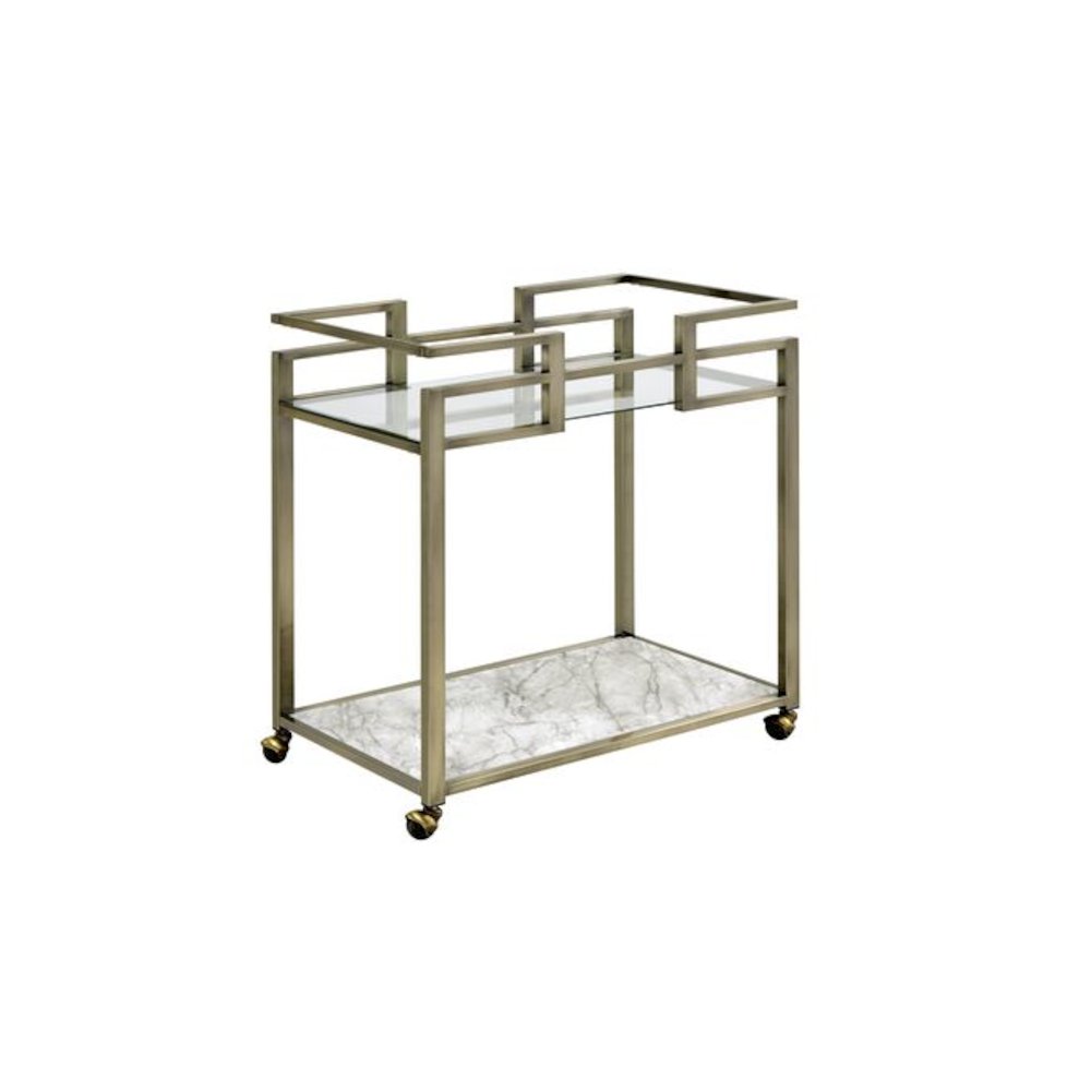 Neilo Serving Cart Clear Glass, Faux Marble Top & Wire Brass